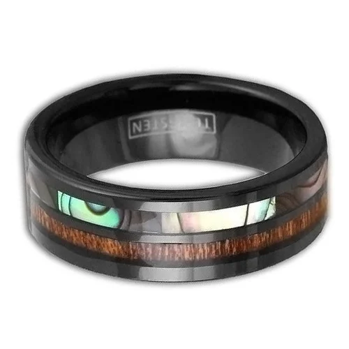6MM 8MM Women's Or Men's Wedding Tungsten Carbide Wedding Matching Rings Black Rainbow Abalone Shell & Wood Inlay Flat Edged