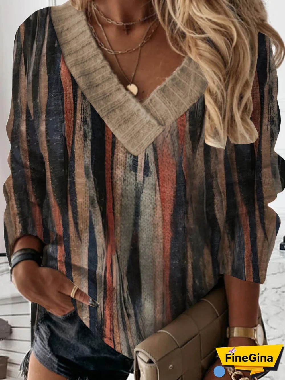 Casual Geometric Long Sleeve V Neck Printed Tops