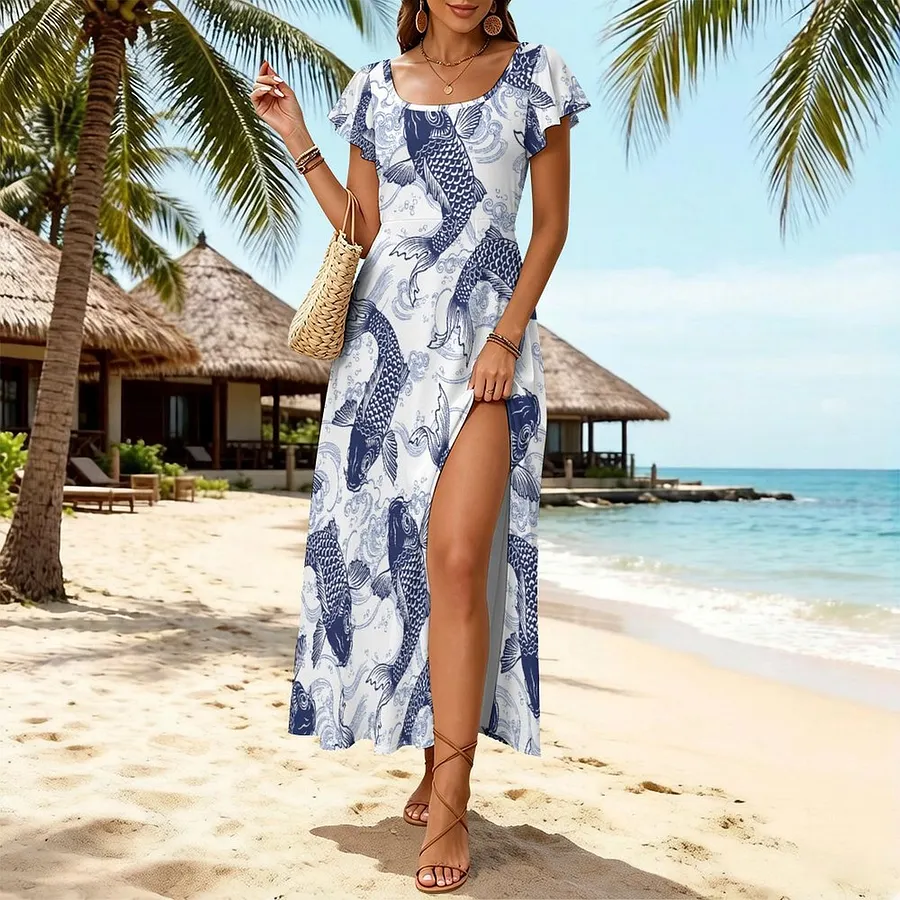 koi fish maxi dress SFneewho® Women Elegant Party Dress Koi Fish And Japanese Wave Waterlilies  in a Pond Lily
