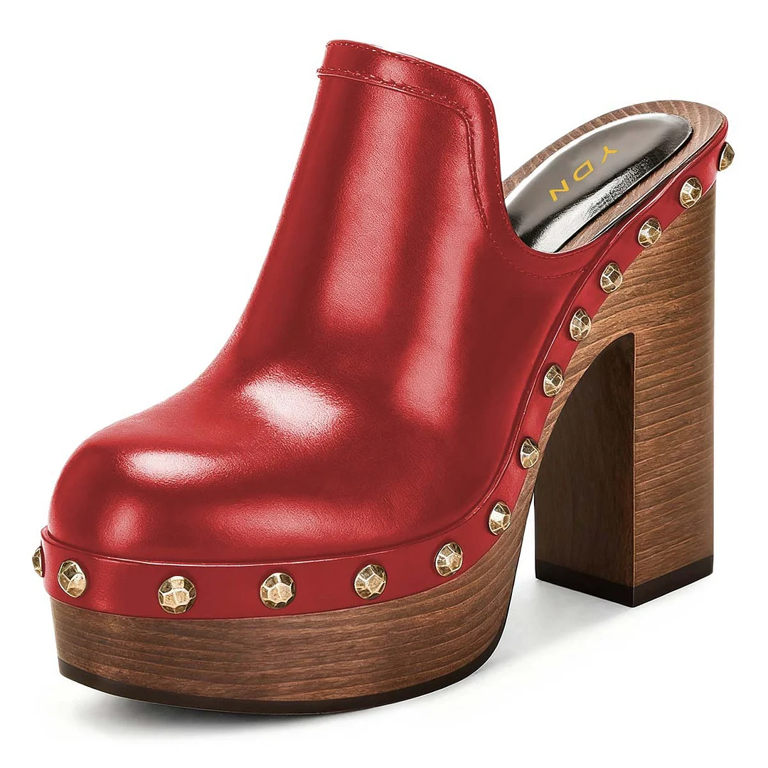 Red Round Toe Platform Chunky High Heel Studded Women's Mules Shoes