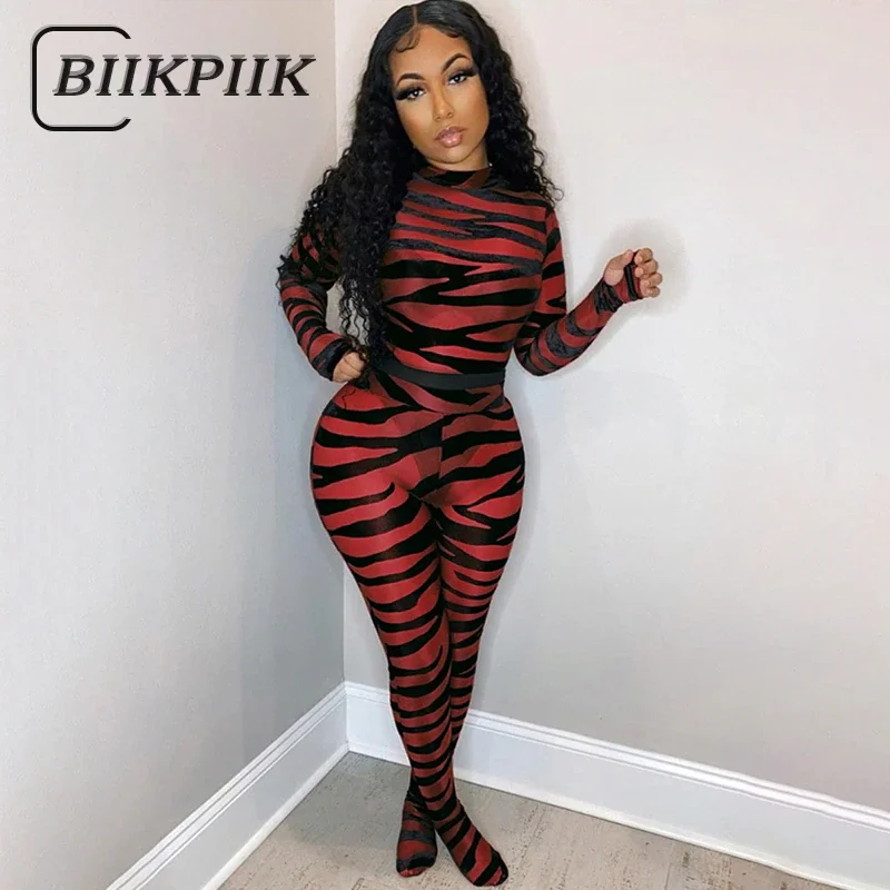Brownm BIIKPIIK Striped Printing Jumpsuit Women Sexy See through Club Partywear Autumn Female Long Sleeve O-Neck Skinny Rompers Outfits