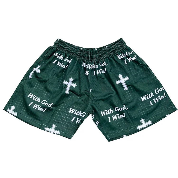 With God, I Win Graphic Mesh Shorts