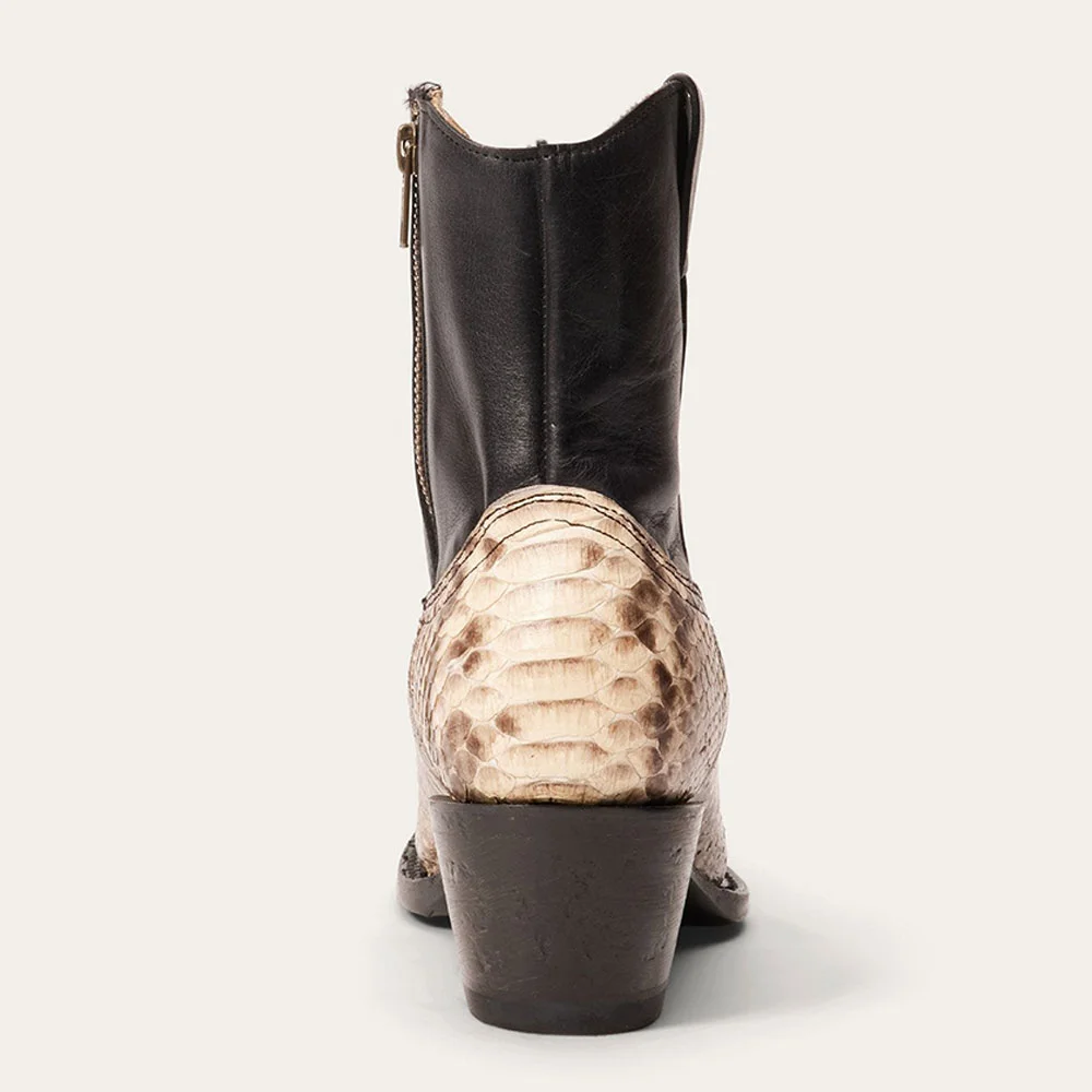 Python-Embossed Patchwork Almond Toe Chunky Heel Short Cowgirl Boots