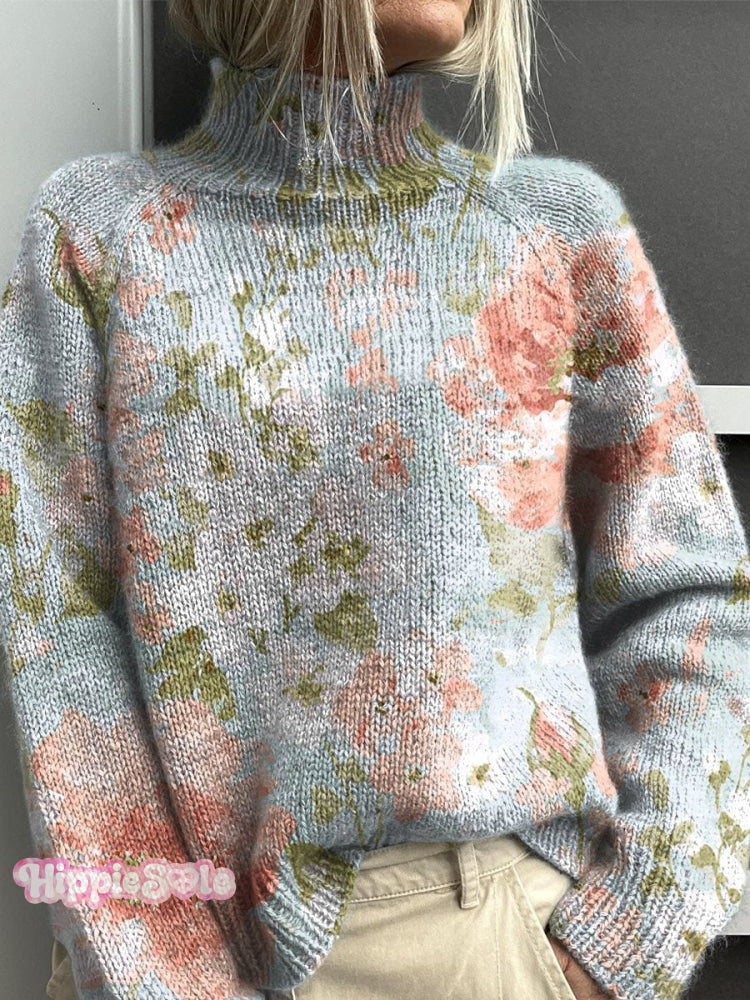 Floral Art Print Knitted Turtleneck Pullover Sweater Multicolor / S