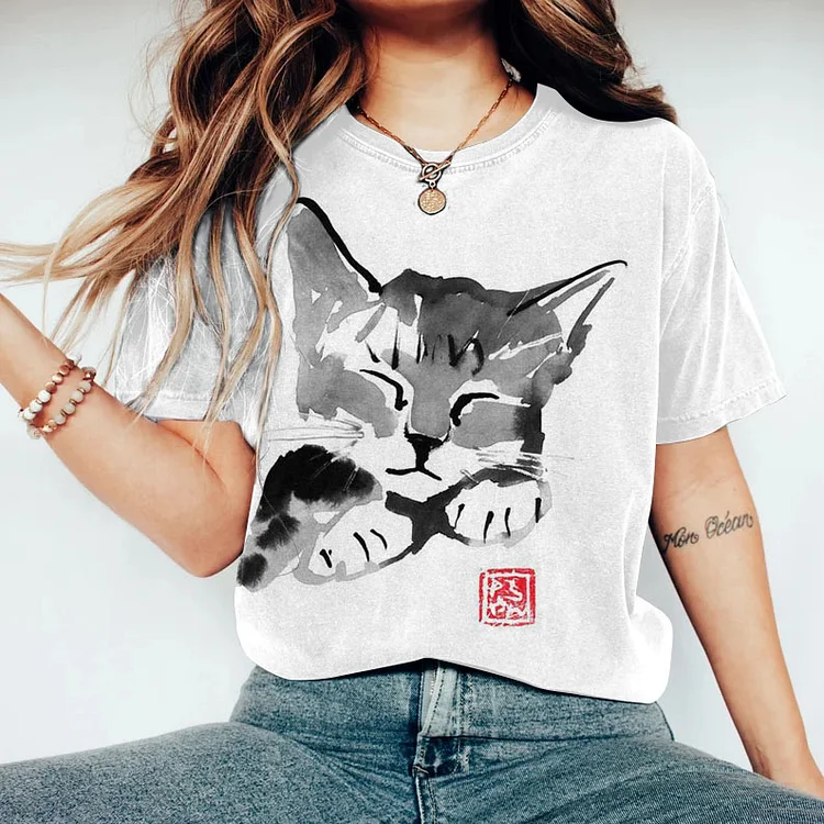 Comstylish Women's Sleepy Cat Casual T-Shirt