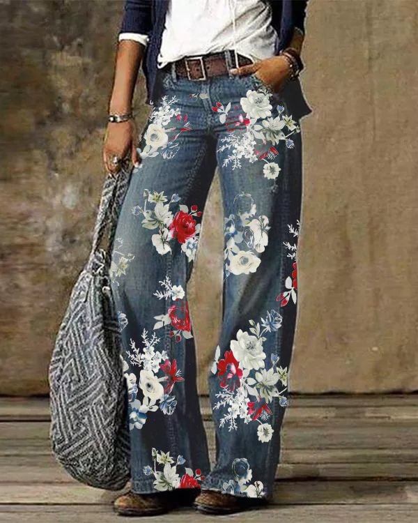 Casual Vintage Floral Printed Pants