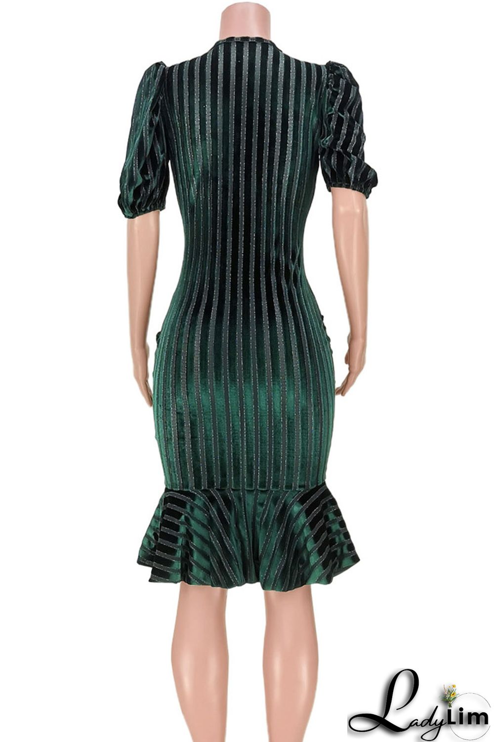 Ink Green Elegant Striped Split Joint V Neck Trumpet Mermaid Dresses