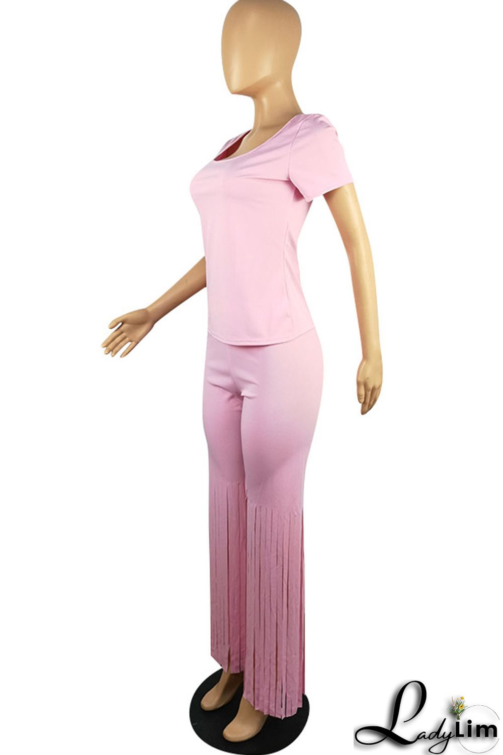 Pink Casual Solid Tassel Split Joint U Neck Short Sleeve Two Pieces