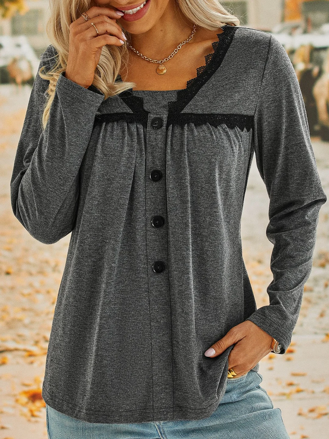 Long Sleeve Plain Jersey Lace Casual Loose Top