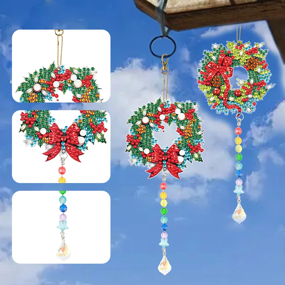 2pcs DIY Wreath Suncatcher Diamond Painting Art Pendant Christmas Home Windows Decor