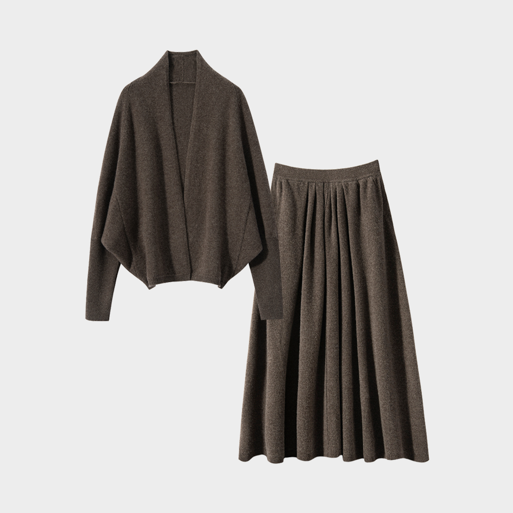 Women's Batwing Sleeve Deep Brown Cashmere Cardigan and Skirt Set | Casual Wear REAL SILK LIFE