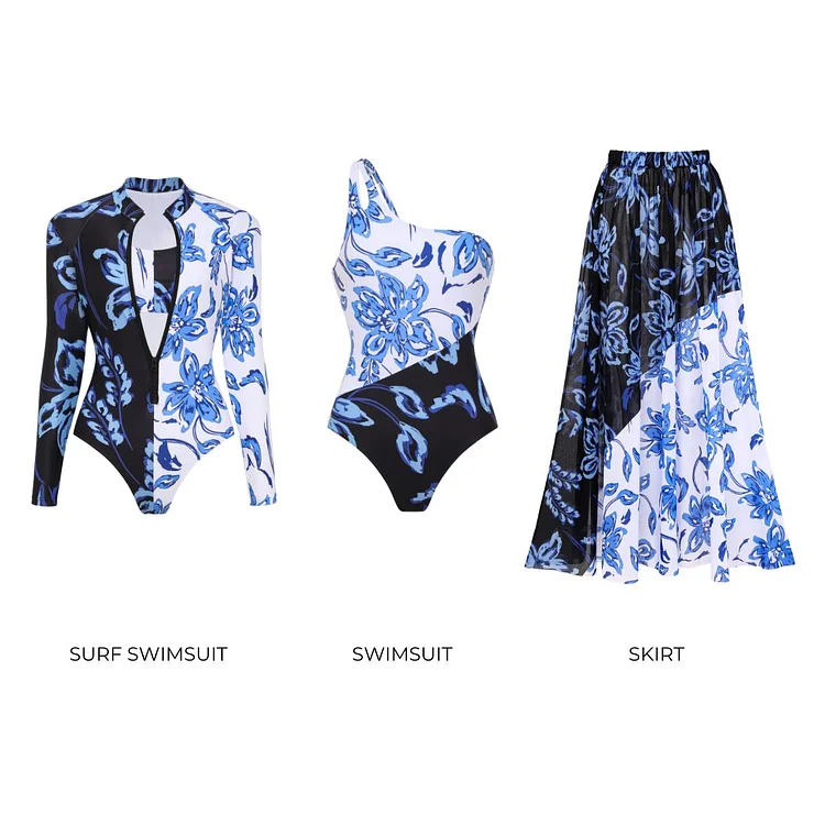 One Shoulder Color Block Printed One Piece Swimsuit and Skirt