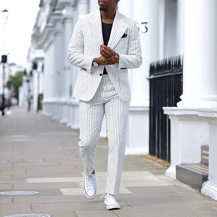 BrosWear Fashion Wedding Suit White Striped Blazer and Pants Two Piece Set