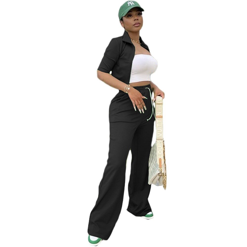 CM.YAYA Women Tracksuit Solid Zip Crop Tops Wide Leg Pants Two 2 Piece Sets Casual Streetwear Fashion Pants Set Summer Outfits