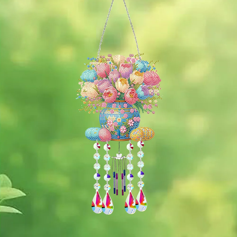 Double Sided Vase 5D DIY Diamond Art Painting Wind Bell Hanging Sign for Wall