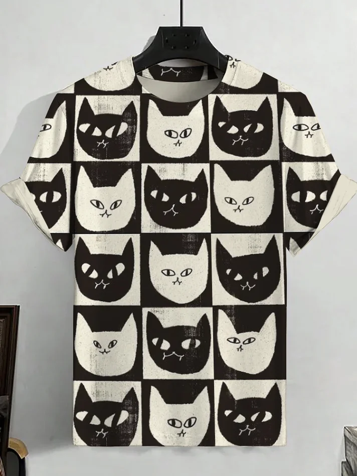 Men's Black And White Cat Contrast Print Casual T-Shirt