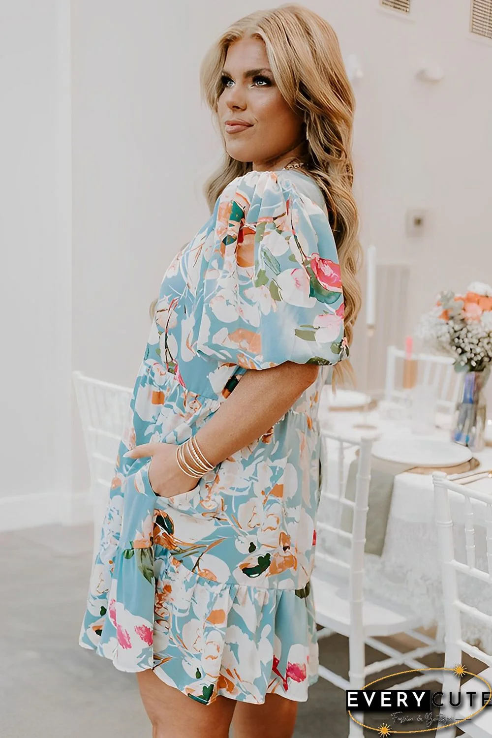 Sky Blue Floral Print Ruffled Puff Sleeve Plus Size Mini Dress