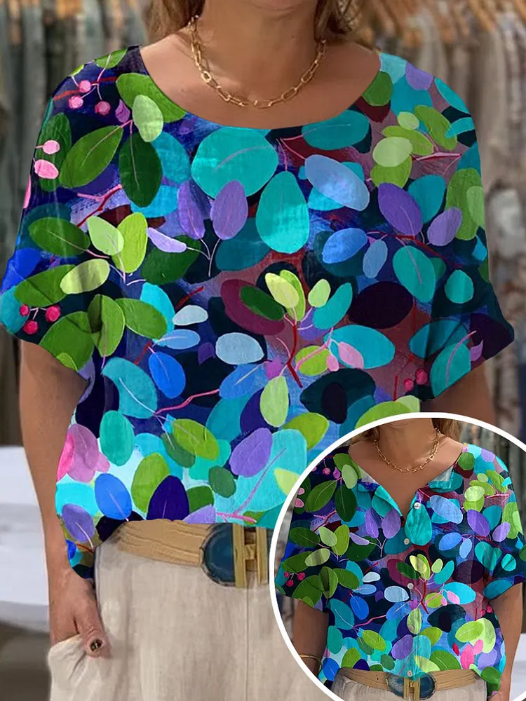 Women's Vintage Lovely Floral Art Print Front And Back Wear Short Sleeve Cotton Shirt