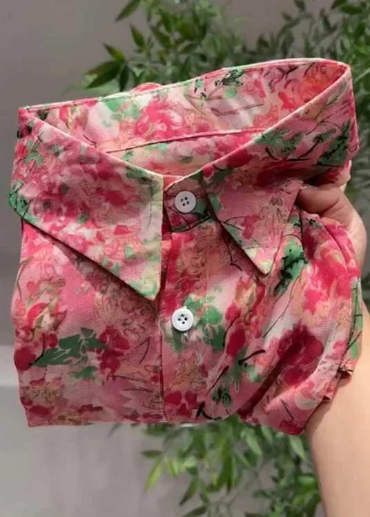 Unique Pink Peter Pan Collar Print Patchwork Cotton Blouses Fall