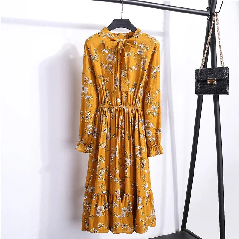 Autumn Chiffon Shirt Dresses Long Sleeve Polka Dot Plaid Office Vintage Dress 2022 Women Summer Casual Midi Floral Dress Vestido