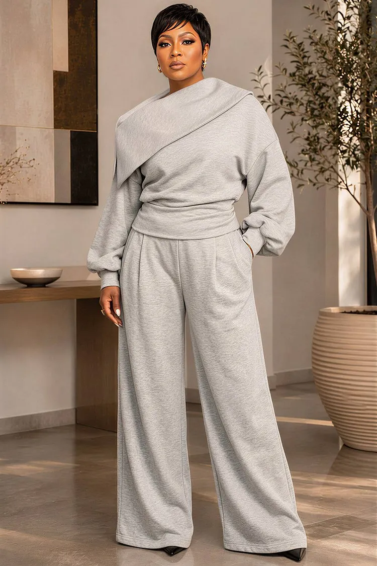 Xpluswear Design Plus Size Business Casual Grey Asymmetrical Collar Long Sleeve Pocket Two Piece Pant Sets [Pre-Order] 2024 - Xpluswear