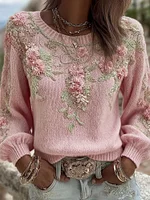 Women's Pink Floral Embroidery Art Cozy Knit Pullover Sweater