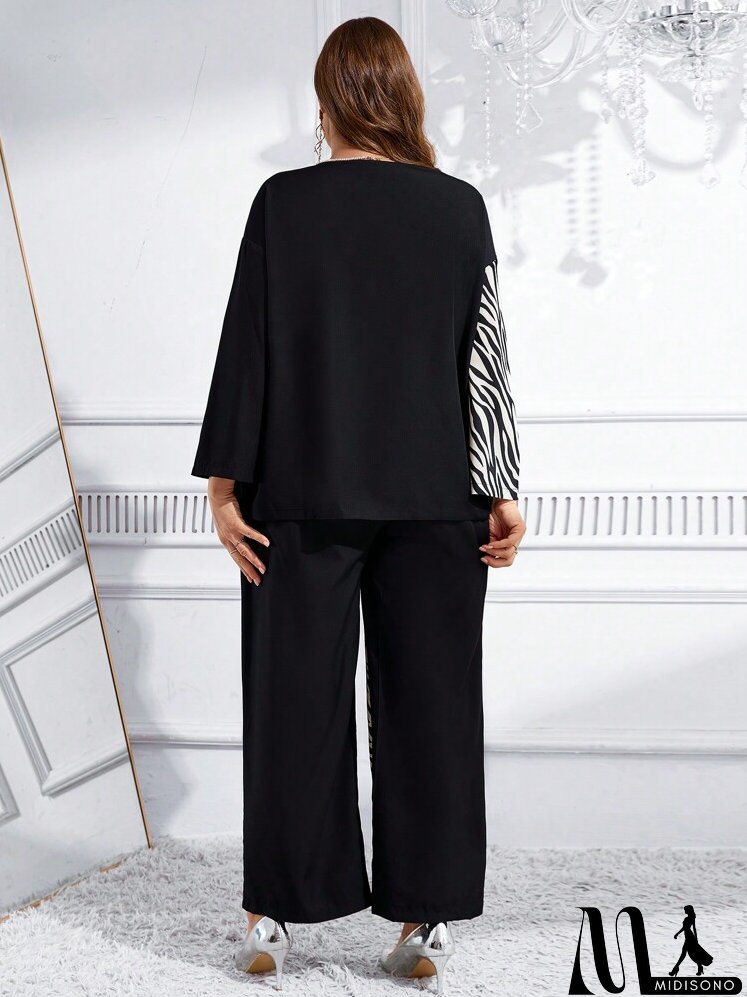 2pcs/Set Plus Size Solid Color Splice Long Sleeve Top And Pants Casual Suit