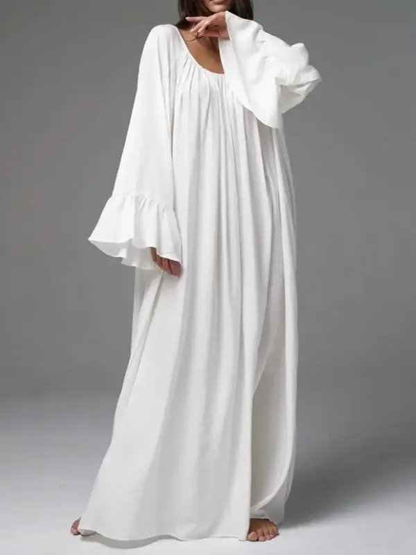 A-Line High Waisted Ruffle Trim Solid Color Split-Joint Round-Neck Maxi Dresses main image 1