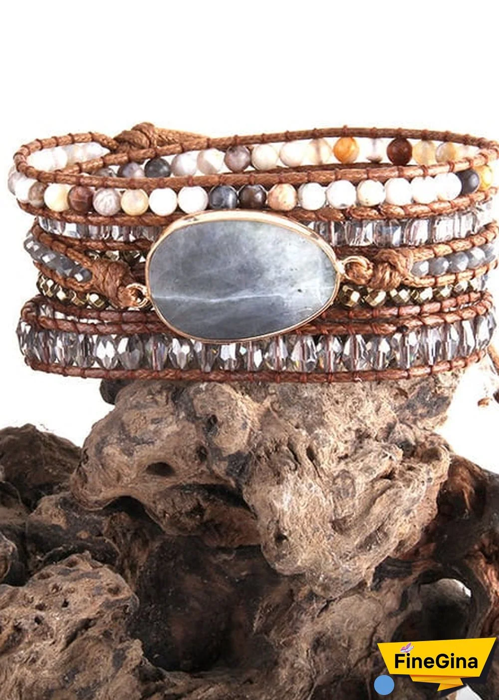 Boho Bracelet, RH 5 Layers Leather Wrap Bracelet, Natural Stones, Crystal Silver