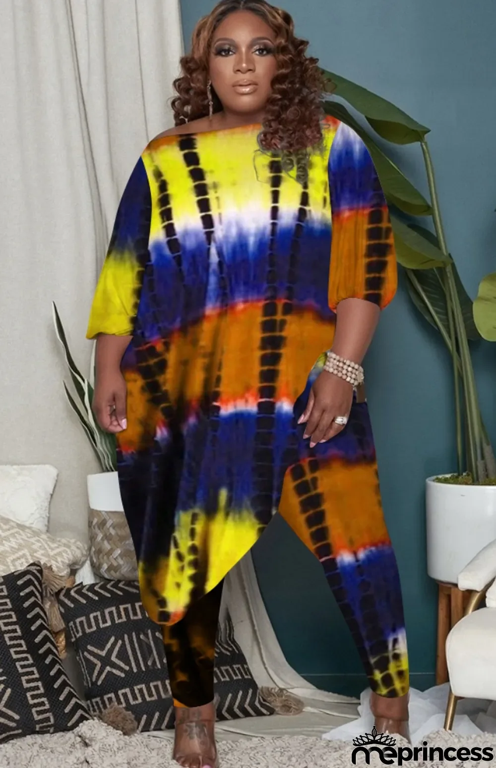 Autumn Plus Size Tie Dye Irregular Shirt and Pants Set