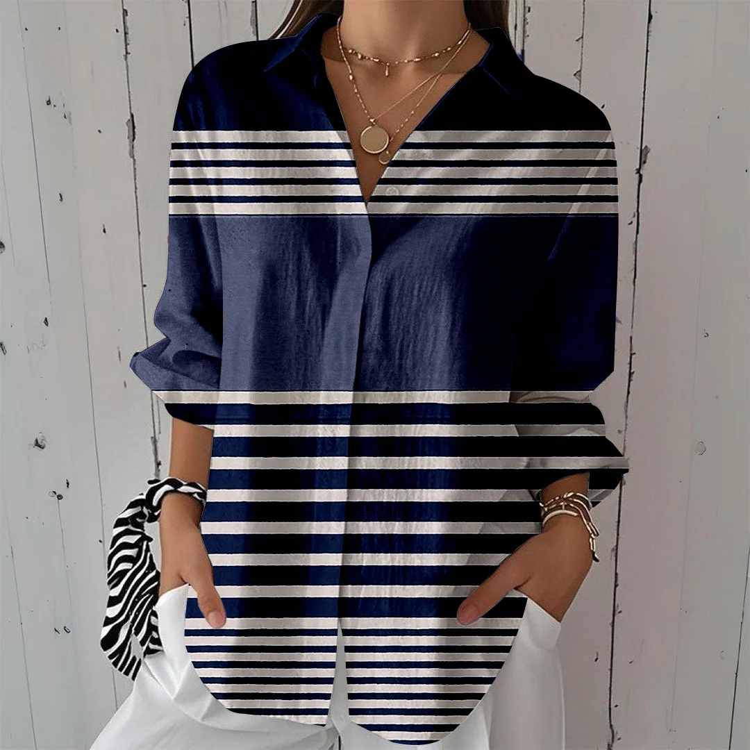 Style & Comfort for Mature Women Women Striped, Blue, Patchwork DZCL0052 3/4 Sleeve Shirt Collar Printed Button Tops
