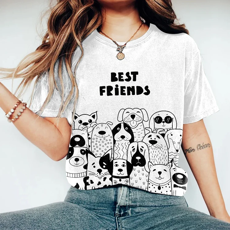 Dog Best Friend Art Print Short Sleeve Casual T-Shirt