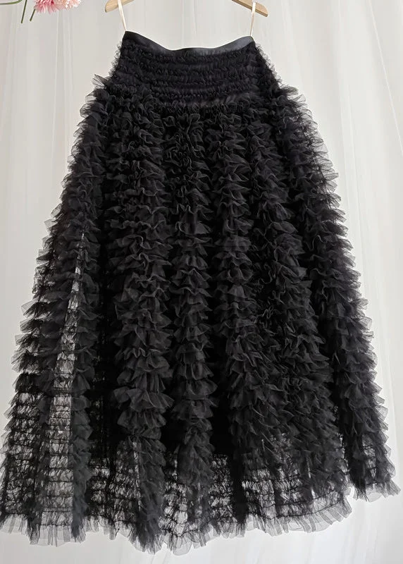 Black Patchwork Original Tulle Skirts Ruffled High Waist Spring
