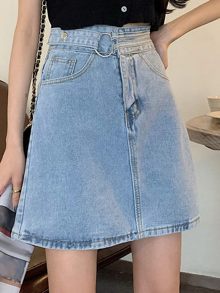 Spring and summer new high waist denim skirt short all-match A-line slim wrap hip skirt