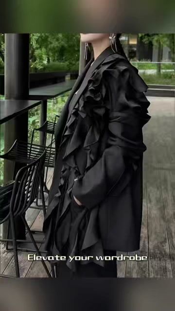 French Black Notched Asymmetrical Floral Coats Long Sleeve