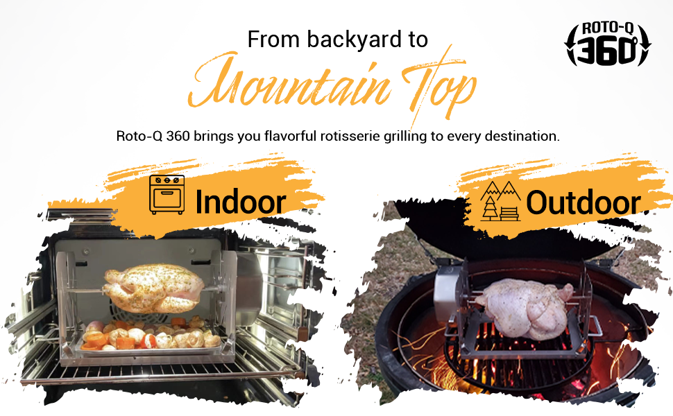 Roto-Q 360: Versatile Cooking Appliance Shown Inside an Oven and on a Barbecue Grill