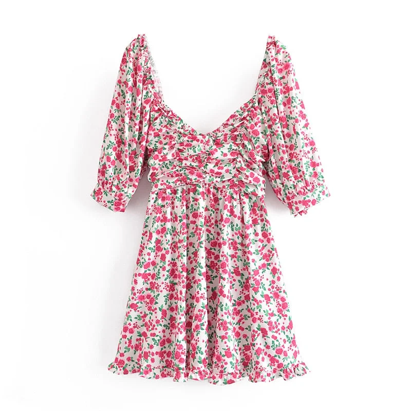 2021 Summer Floral Print Square Collar Sexy Folds Tight-Fitting Backless Lantern Sleeves Mini Women Dress Zipper Vestido