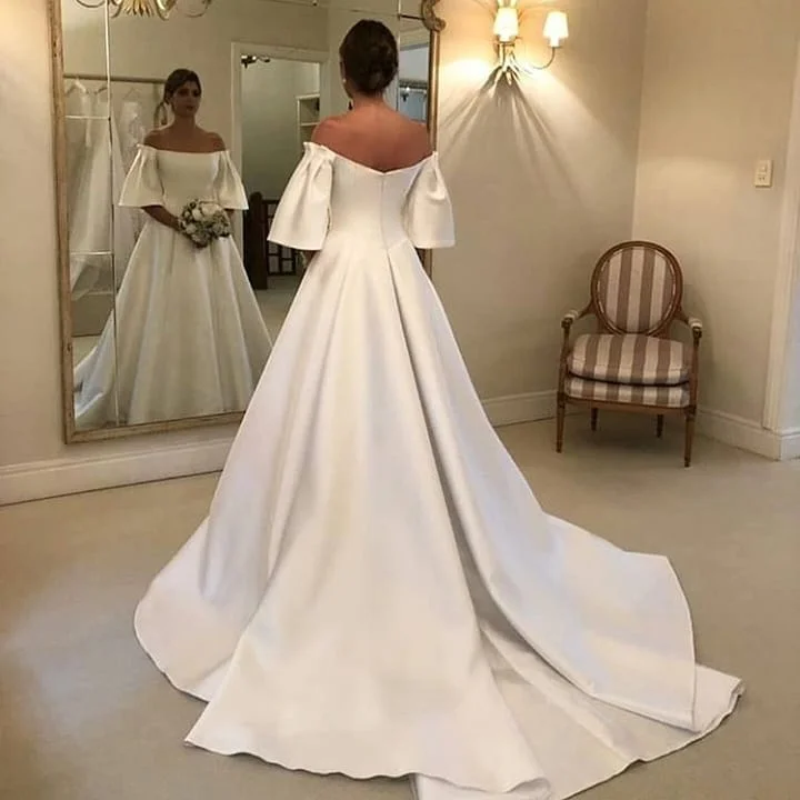 Daisda Elegant A-Line Off-the-Shoulder Short Sleeves Wedding Dress With ...