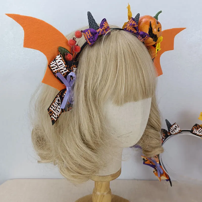 Gothic Pumpkin Bat Wings Headband Halloween Hair Accessory