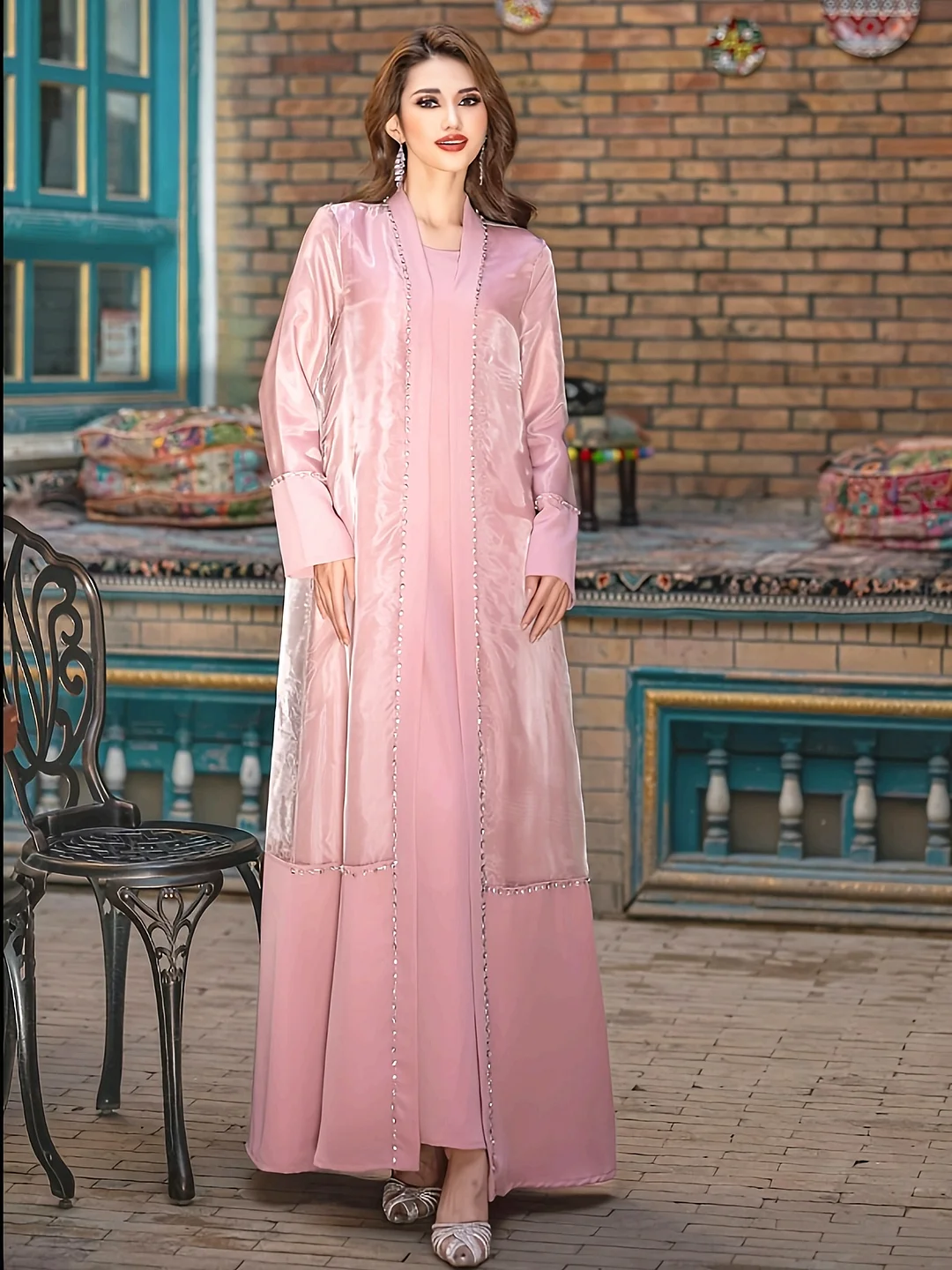 5188 Middle East Open Front Rhinestone Color Matching Two-Piece Women's Dress | IFYHOME