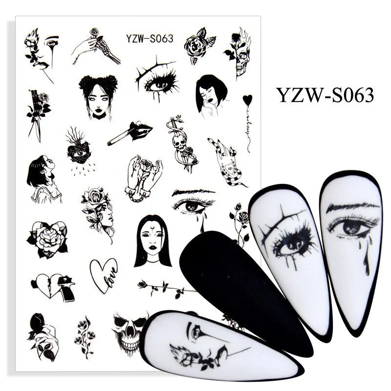 1PC Sexy Lady Shaped 3D Nail Stickers Character Face Image LOVE HEART Flower Decals Slider Black White DIY Nail Art Decorarion