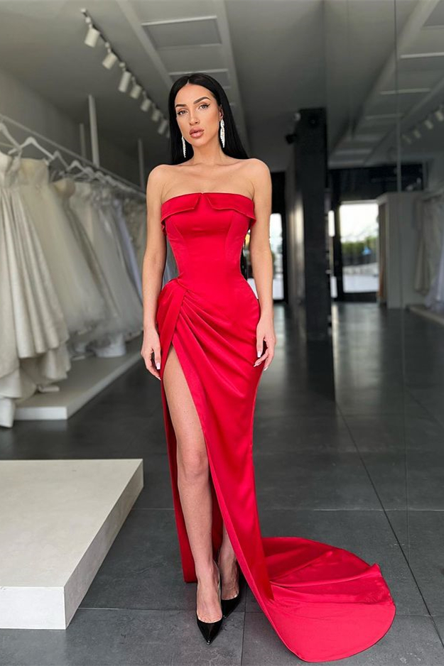 Stunning Red Strapless Mermaid Prom Dress Long With Slit - lulusllly