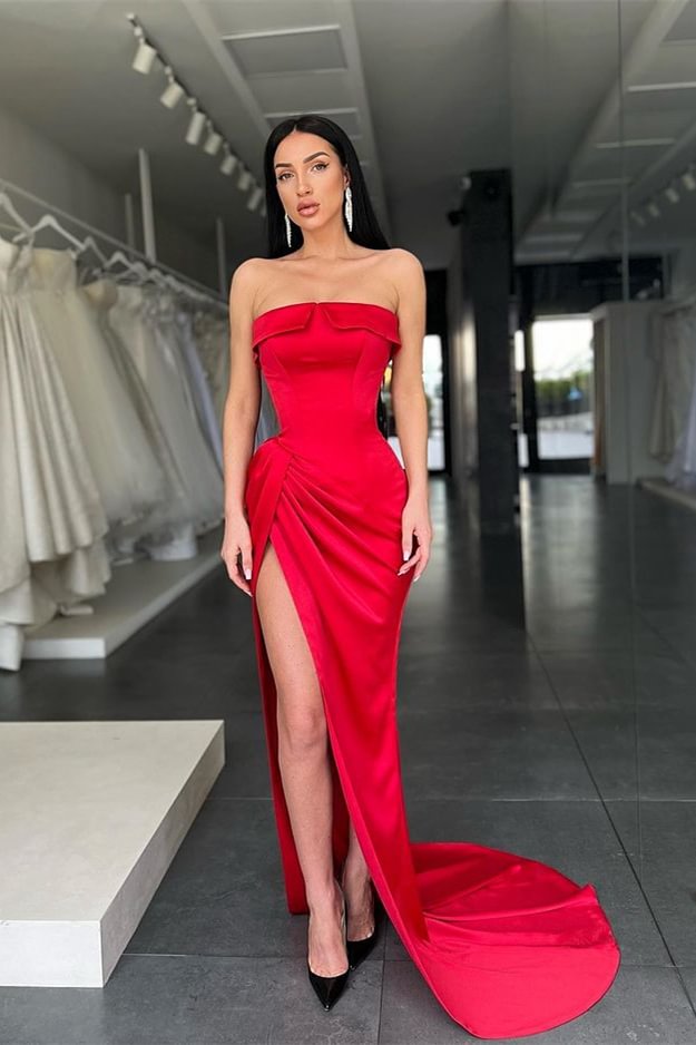 Rot trägerloser Charmeur Meerjungfrau Abendkleid mit Schlitz ed0003 Lunass