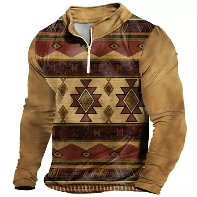 Men's Vintage Ethnic Geometric Print Long Sleeve T-Shirt