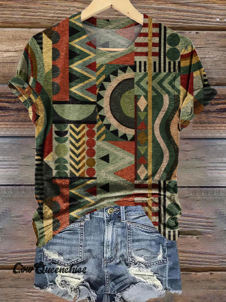 Retro Geometric Stripe Print Casual T-Shirt Multicolor / S