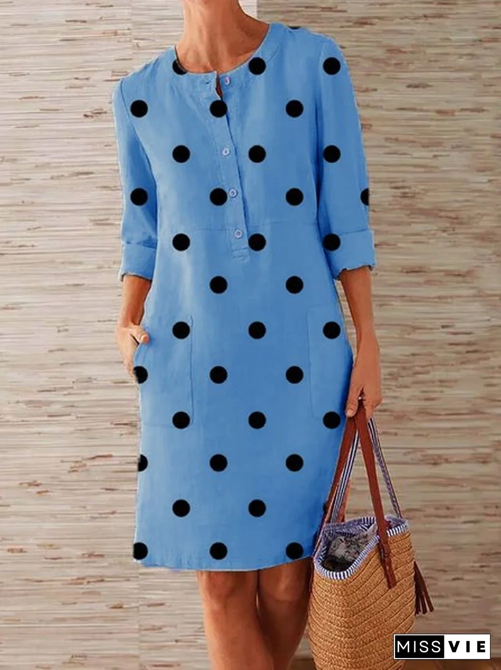 Buttoned Polka Dots Casual Weaving Dress