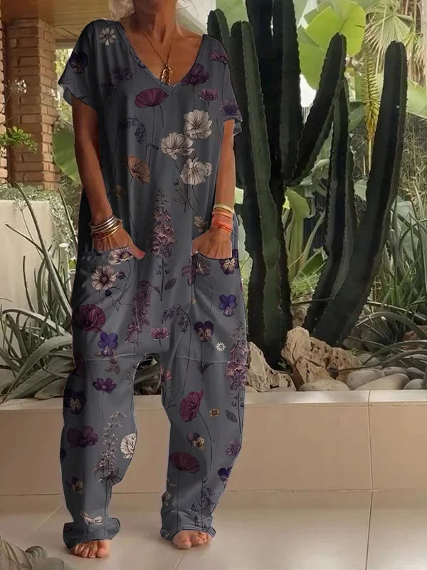 Casual Floral Print V-neck Jumpsuit