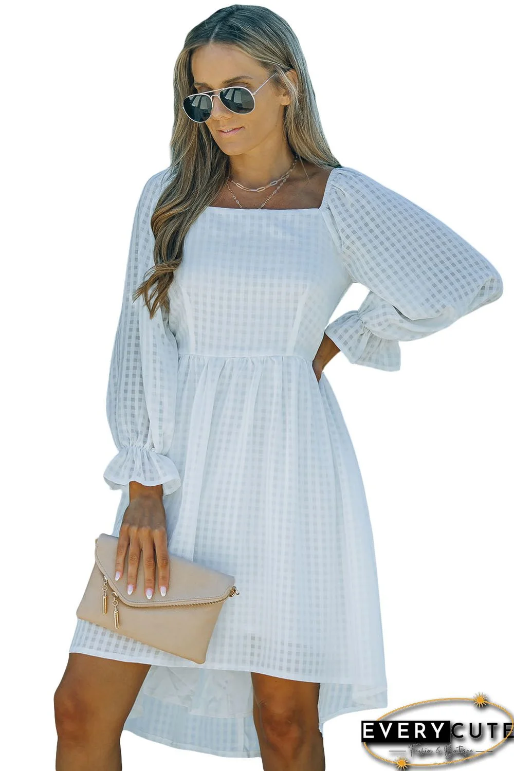 White Square Neck Smocked Back A-line Dress