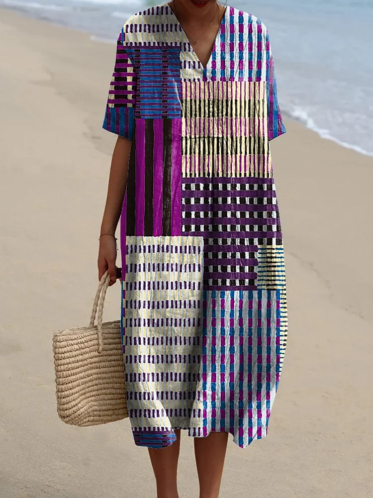 Japanese Style Geometric Pattern Printed Women's Flowy Dress