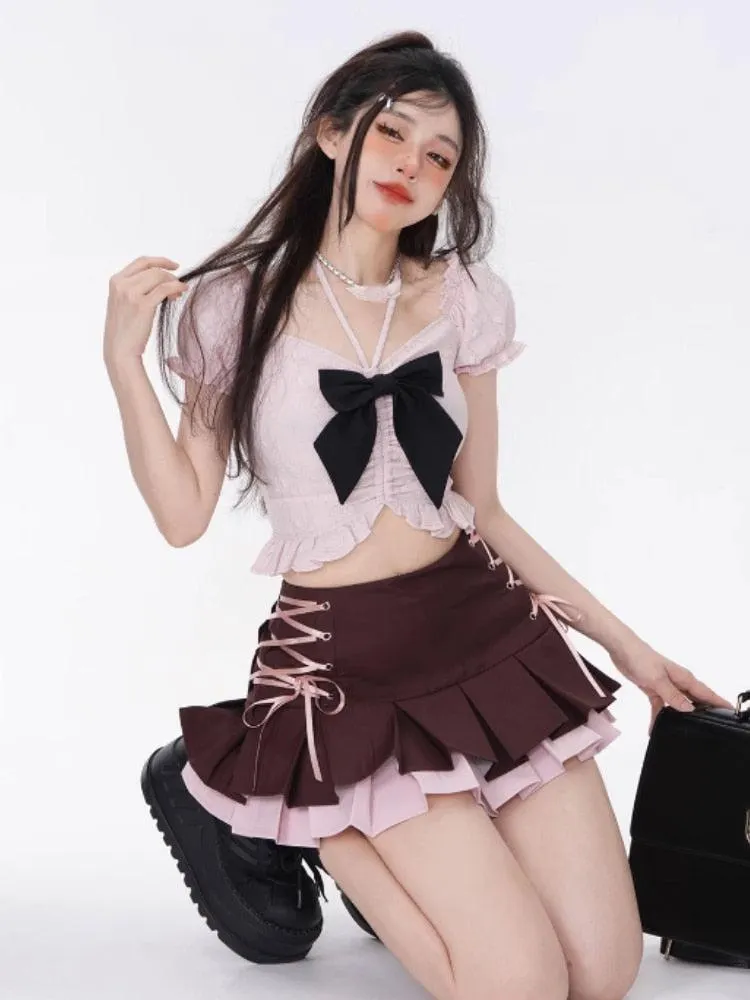 Brownm Mini Skirt With Top Two Piece Set